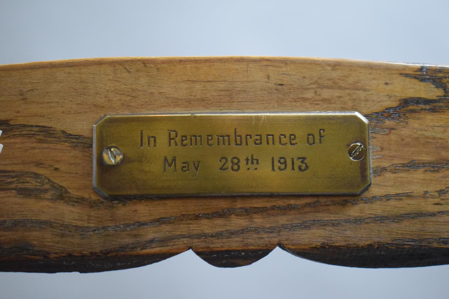 A Rush Seated Oak Framed Ladder Back Armchair with Brass Commemorative Plaque, "In Remembrance of - Image 2 of 2