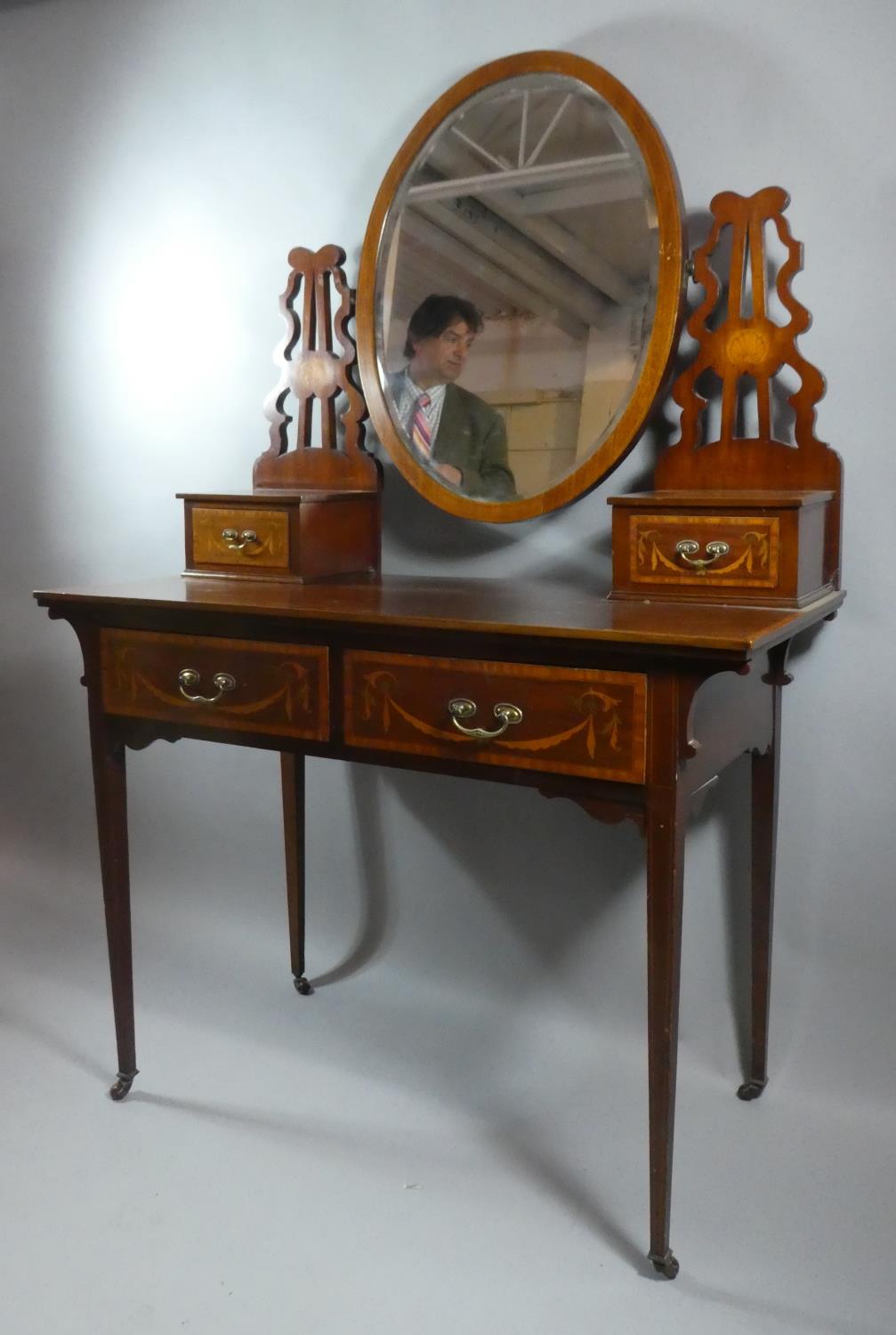 A Pretty Inlaid Edwardian Mahogany Dressing Table with Two Drawers, Oval Mirror and Two Jewel - Image 4 of 4