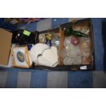 Three Boxes Containing Glassware, Table Lamps, Two Handled Tray, Dolls, Limoncello Set etc