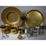 A Collection of Metalwares to Include Three Graduated Brass Vases, Engraved Tray Top, Pewter