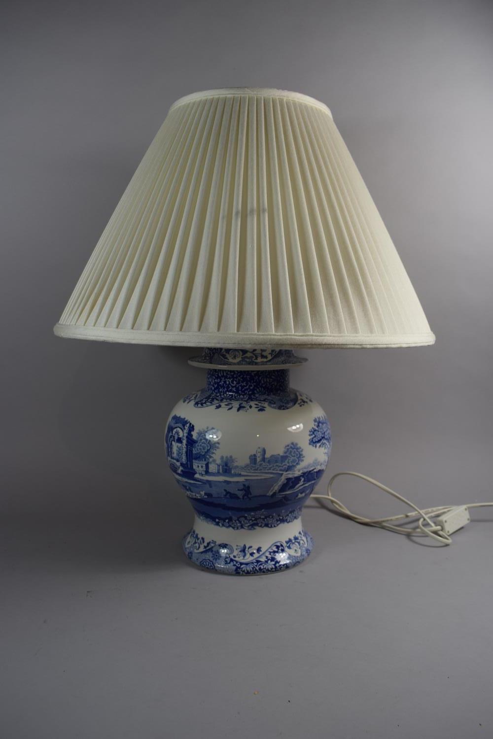 A Modern Copeland Spode Italian Blue and White Table Lamp and Shade, 55cm high