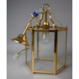 A Modern Brass Framed Hexagonal Hall Lantern, 37cm High