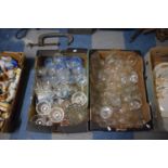 Two Boxes of Various Glasswares to Include Dressing Table Set, Drinking Glasses, Vases etc