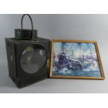 A Vintage Railway Lamp with Original Burner, the Case Numbered 9346 MRSD, 33cm High Together with
