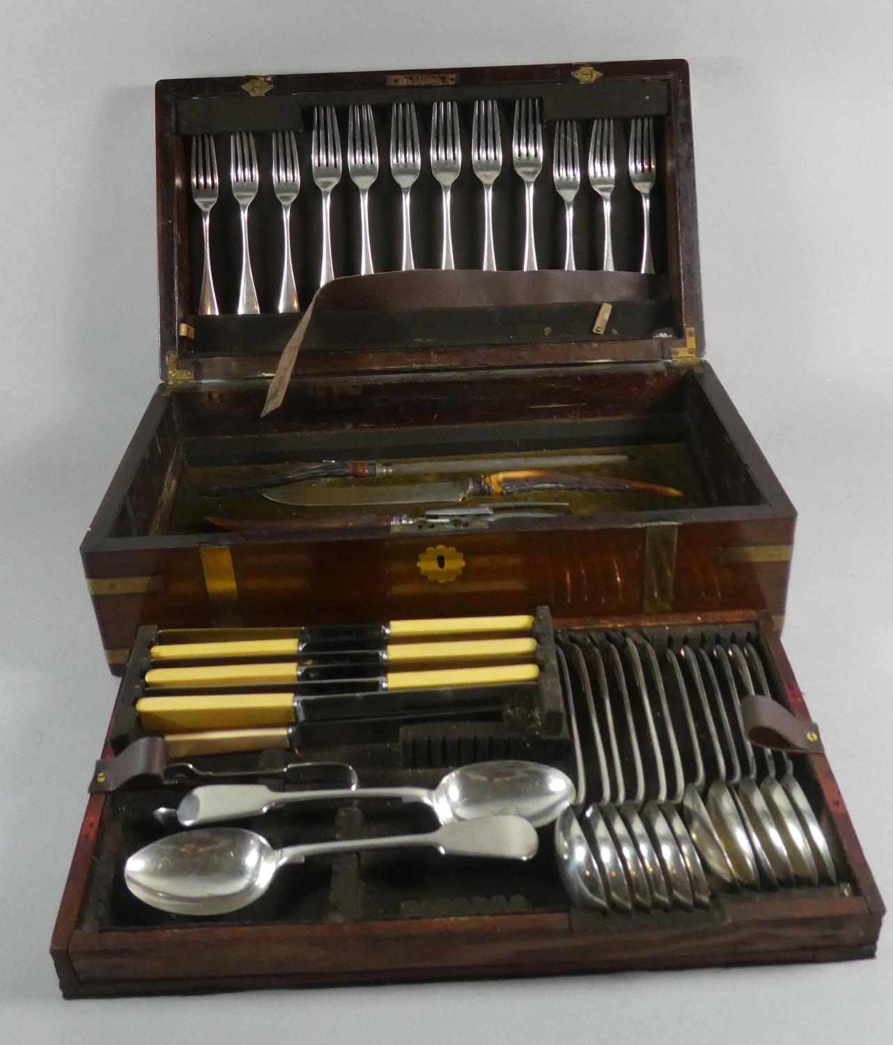 A 19th Century Brass Mounted Rosewood Writing Slope Now Converted to Cutlery Box Containing Silver - Image 2 of 5