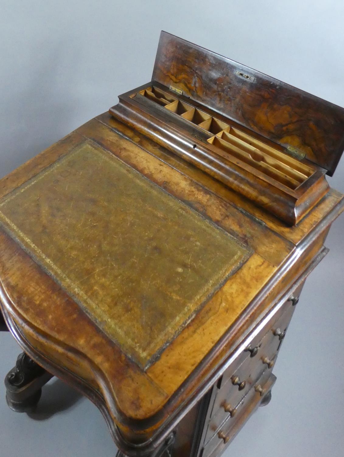 A Victorian Burr Walnut Davenport with Carved Cabriole Front Supports, Tooled Leather Writing - Image 3 of 3