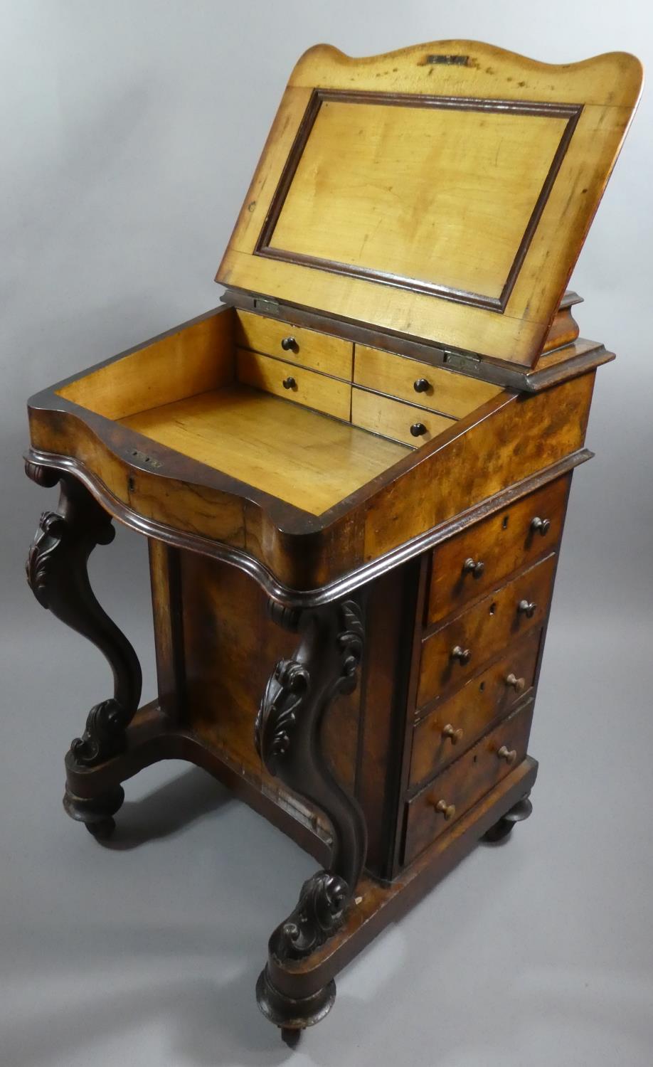 A Victorian Burr Walnut Davenport with Carved Cabriole Front Supports, Tooled Leather Writing - Image 2 of 3