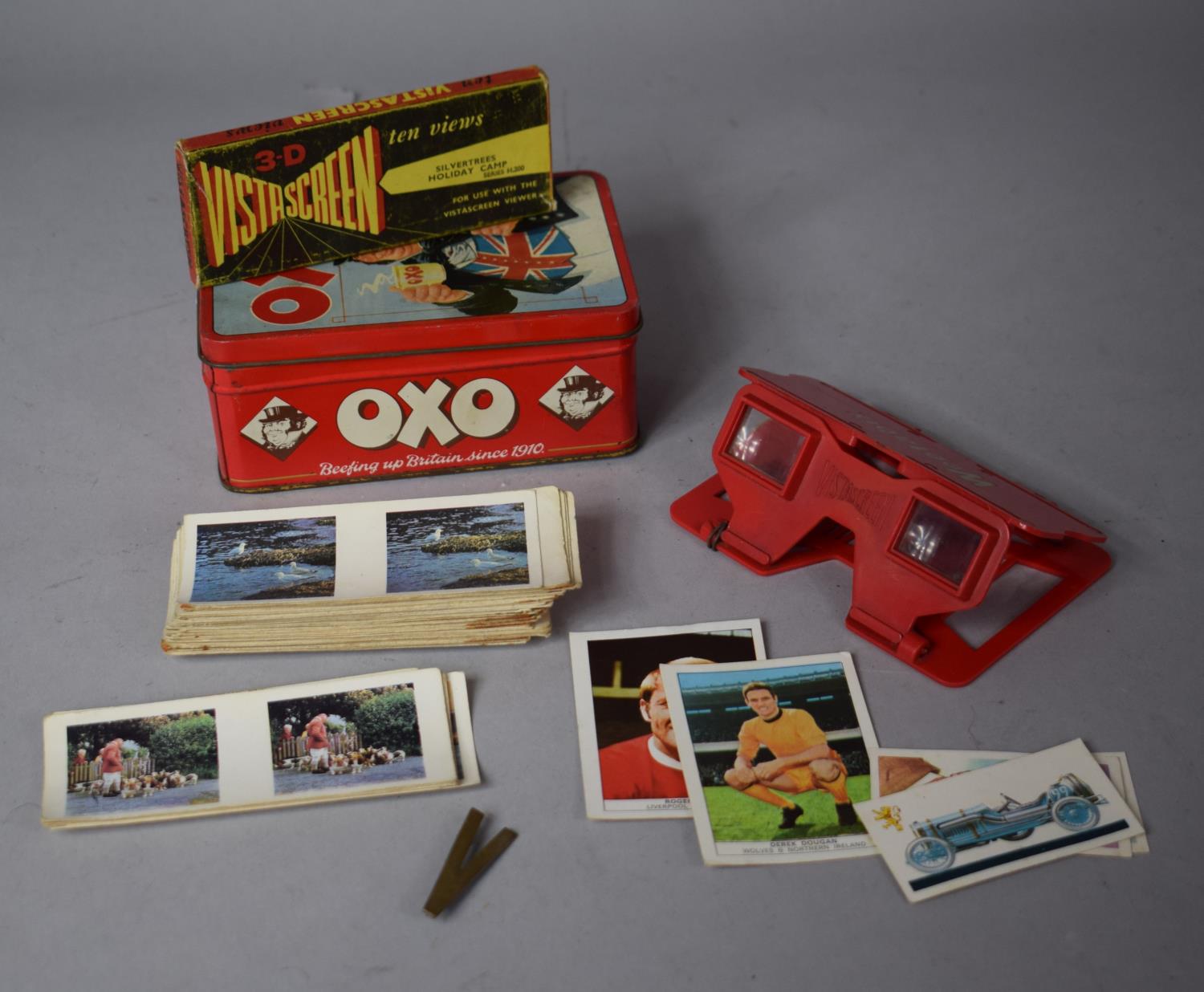 A Reproduction Oxo Tin Containing Weetabix Stereoscopic Viewer and Cards Including Silver Trees
