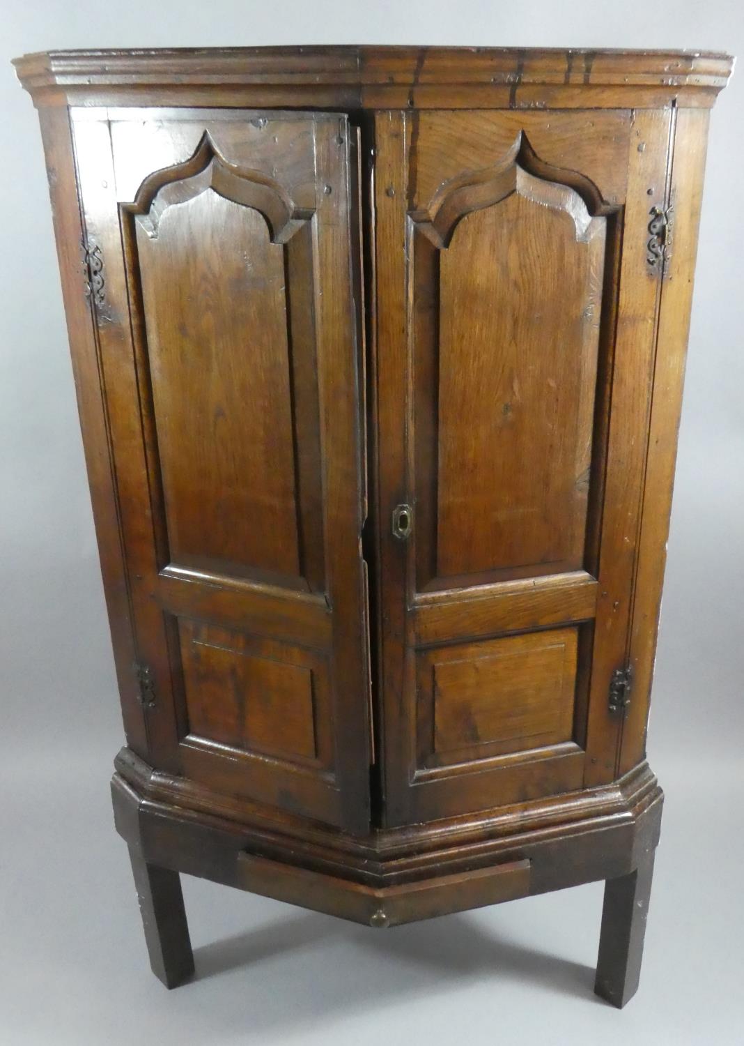 A 19th Century Oak Corner Cabinet on Stand with Panelled Doors to Fitted Shelved Interior, Base