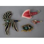 Two D'orland Costume Brooches One Scarab and One Exotic Bird Together with an Enamelled Floral