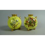 Two Worcester c.1875 Yellow Vases of Spherical Form Raised on Three Ball Feet with Gilt