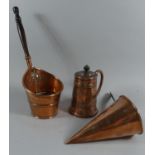 A 19th Century Copper Ale Warmer, a Wooden Handled Scoop and a Lidded Tankard