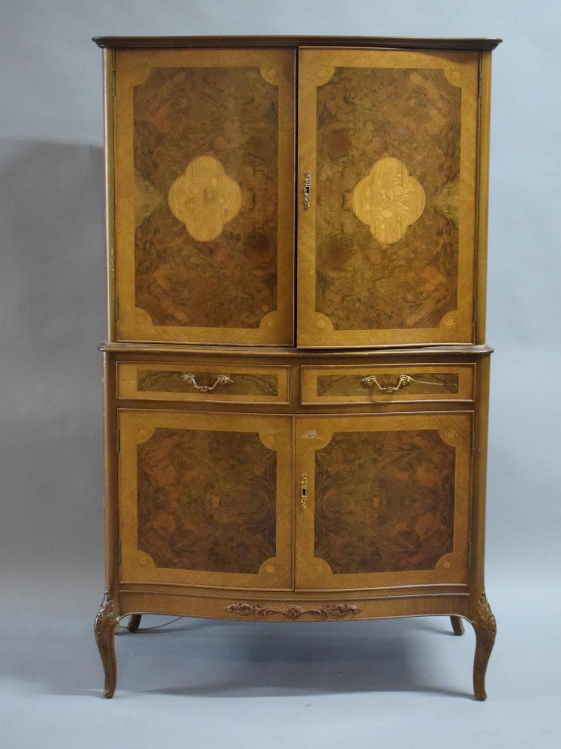 A Hale Epstein Burr Walnut Inlaid Cocktail Cabinet with Serpentine Front, Cross Banded Panels, Two