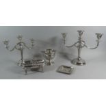 A Collection of Silver Plate to Include Two Three Branch Candelabra, Butter Dish, Pierced Basket and