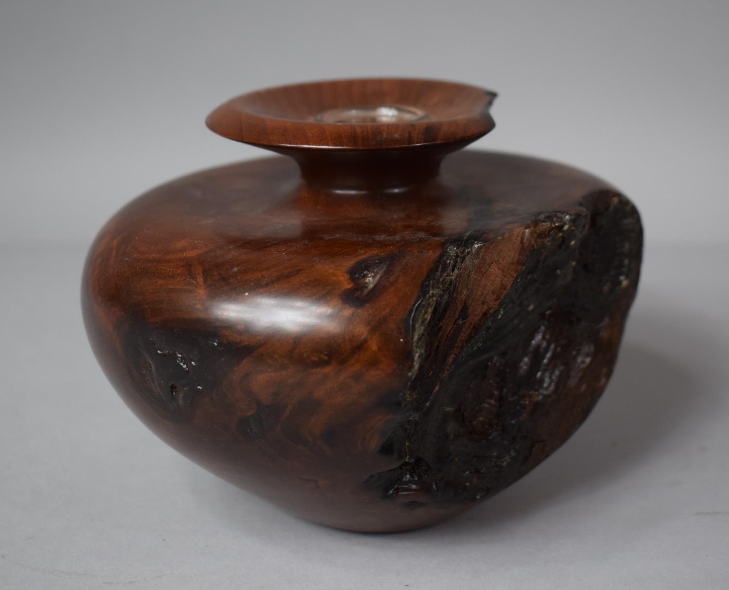 A Turned Wooden Vase with Glass Liner Formed From California Red Wood Burl, 14cm Diameter