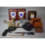 A Tray of Curios to Include Wilson Autograph Model Baseball Glove, Miniature Ships Clock, Wooden