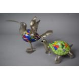 Two Enamelled and Silver Plated Souvenir Ornaments, Turtle and Hummingbird, 13cm High