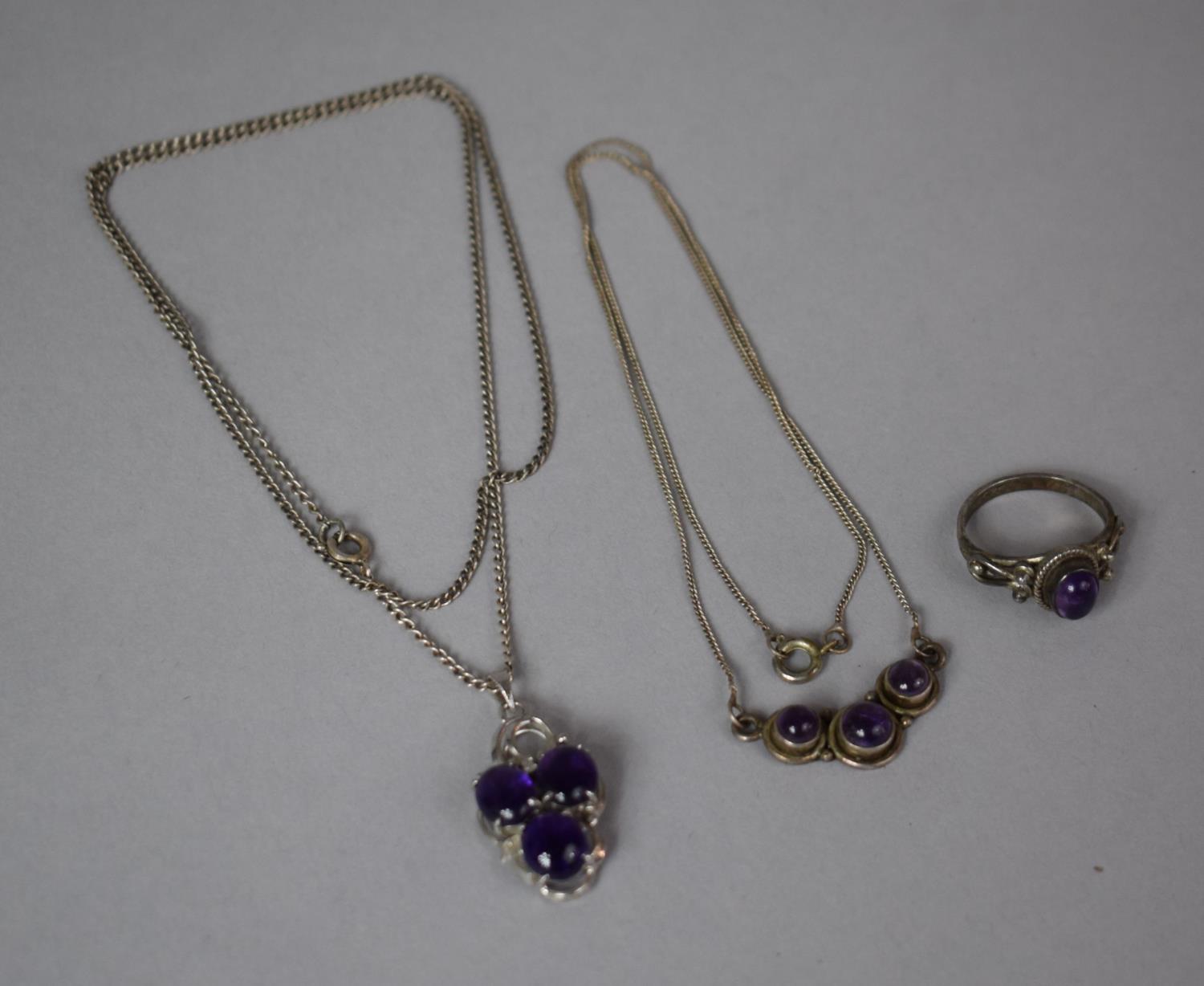 A Collection of Silver Amethyst Jewellery to Include Diamond Chip Pendant Example and Ring