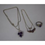 A Collection of Silver Amethyst Jewellery to Include Diamond Chip Pendant Example and Ring
