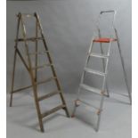 A Vintage Wooden Five Step Stepladder and an Aluminum Example