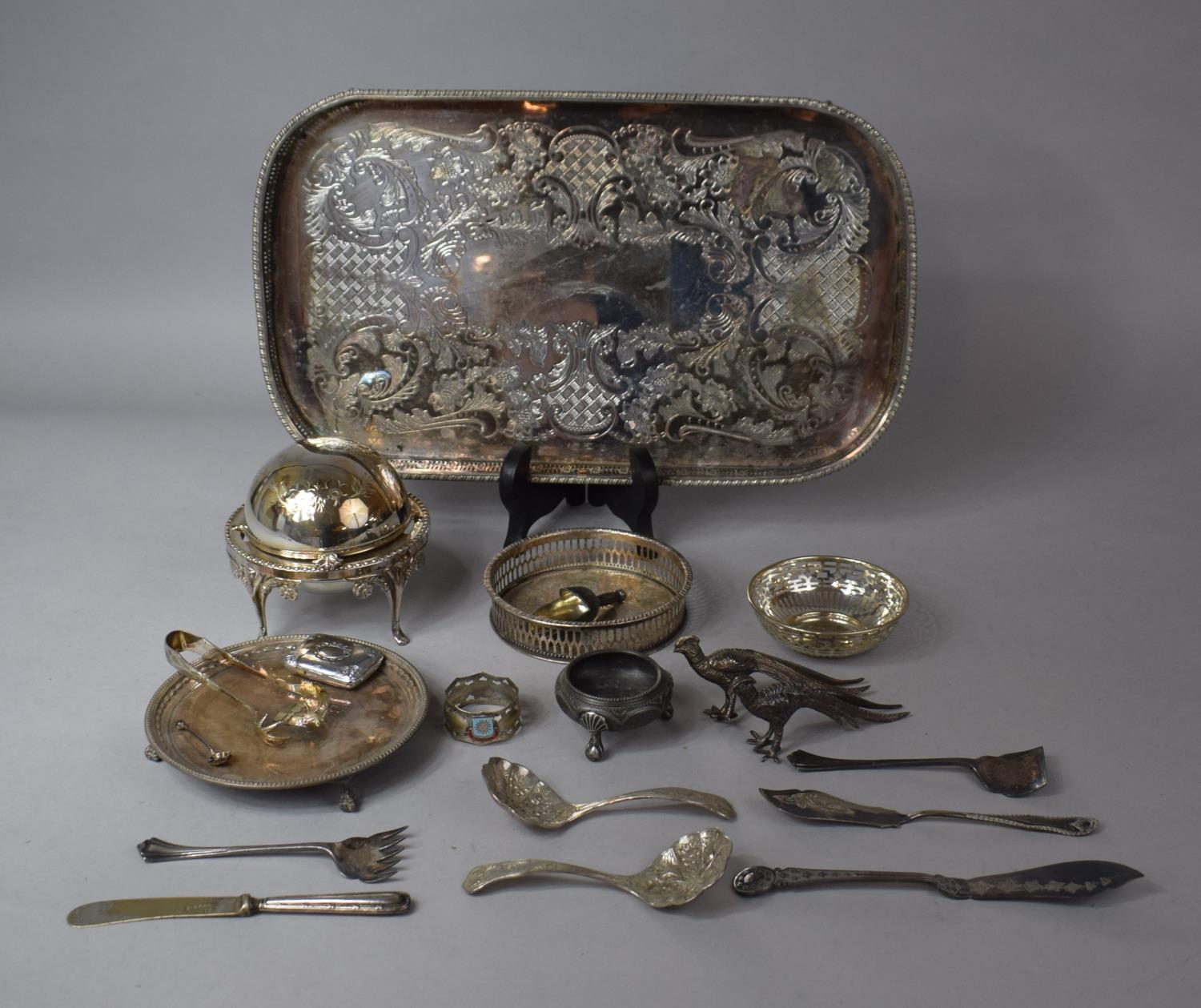 A Silver Plated Rectangular Gallery Tray on Claw Feet Containing Coaster, Card Tray Vesta, Salt,