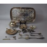 A Silver Plated Rectangular Gallery Tray on Claw Feet Containing Coaster, Card Tray Vesta, Salt,