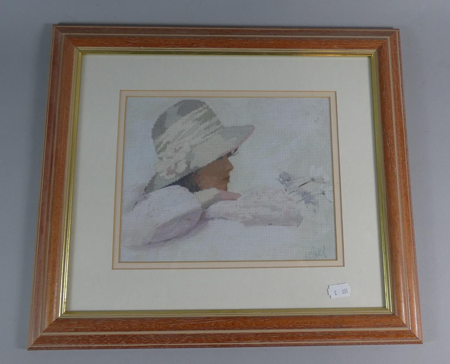 A Framed Cross Stitch Portrait of Girl with Bonnet, 24cm Wide