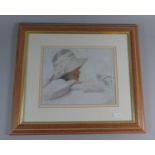 A Framed Cross Stitch Portrait of Girl with Bonnet, 24cm Wide