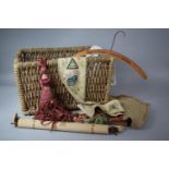 A Wicker Basket Containing Hessian Seed Potato Sack, Elliot and Co. Cloths Hanger, Embroideries,
