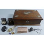 A Silver Plate Mounted Edwardian Oak Cigar Box Containing Curios, Brooch, Travelling Razor, Scout