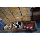 Two Boxes of Soft Toys and Three Boxes Porcelain Head Dolls