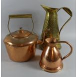 A Brass Ewer, Copper Kettle and Copper Measuring Jug