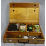 A Wooden Fly Tying Box with Fitted Interior Containing Various Feathers, Furs, Fly Tying Tools etc