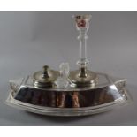 An Art Deco Silver Plated Entree Dish Together with Two Silver Based Glass Candle Sticks (Badly AF)