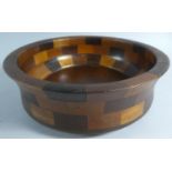 A Circular Wooden Block Work Fruit Bowl, 26cm Diameter