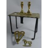 A 19th Century Brass and Iron Trivet Stand, Brass Flat Iron Stand and Pair of Candlesticks etc