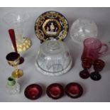 A Collection of Glassware to Feature Ruby Glass Hand Painted Italian Venetian Plate, Marble Cheese