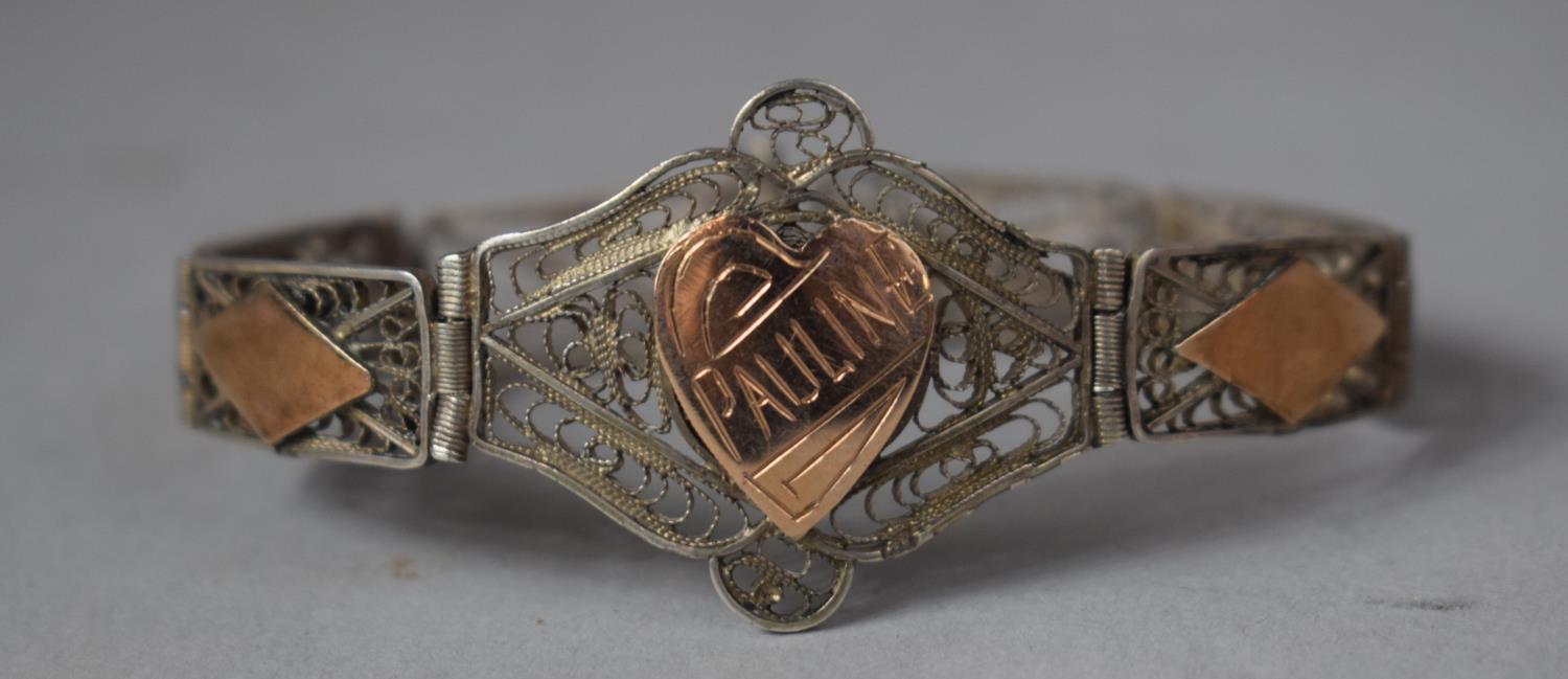 A Gold and Filigree Silver Bracelet with Heart Engraved "Pauline" - Image 2 of 2