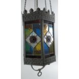 A Late Victorian Hexagonal Hall Lantern with Coloured Glass Panels and Rise and Fall Mechanism, 45cm