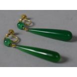 A Pair of Art Deco Jade and Unmarked Yellow Metal Screw Back Earrings with 5cm Drop