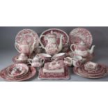 A Large Collection of Pink Transfer Printed Dinner and Teawares to Include Teapots to Feature