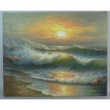 A Modern Mounted but Unframed Oil on Canvas Depicting Stormy Waves Breaking, 50.5cm wide