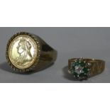 A 9ct Gold Ring with Green and White Stones Together with a Replica Victorian Coin Ring