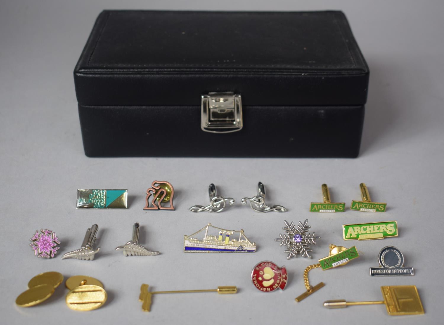 A Small Jewellery Box Containing Cufflinks, Enamelled Badges etc