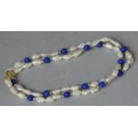 A Fresh Water Pearl and Lapis Lazuli Bead Necklace with 9ct Gold Clasp