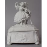 A 20th Century Continental Parian Ware Lidded Box with Dancing Couple Finial to Lid, the Base Raised