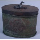 A 19th Century Oval Lead Tobacco Box with Later Wooden Lid Having Greyhound Finial, 14cm Wide