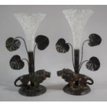 A Pair of Colonial Cut Glass and Bronzed Metal Single Trumpet Epergnes in the Form of Lions at the