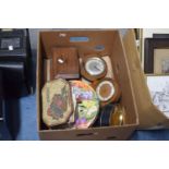 A Box Containing Vintage Tins, Mantle Clocks, Oak Money Box etc