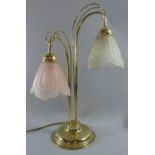 A Modern Two Branch Brass Table Lamp with Opaque Glass Shades, 56cm High